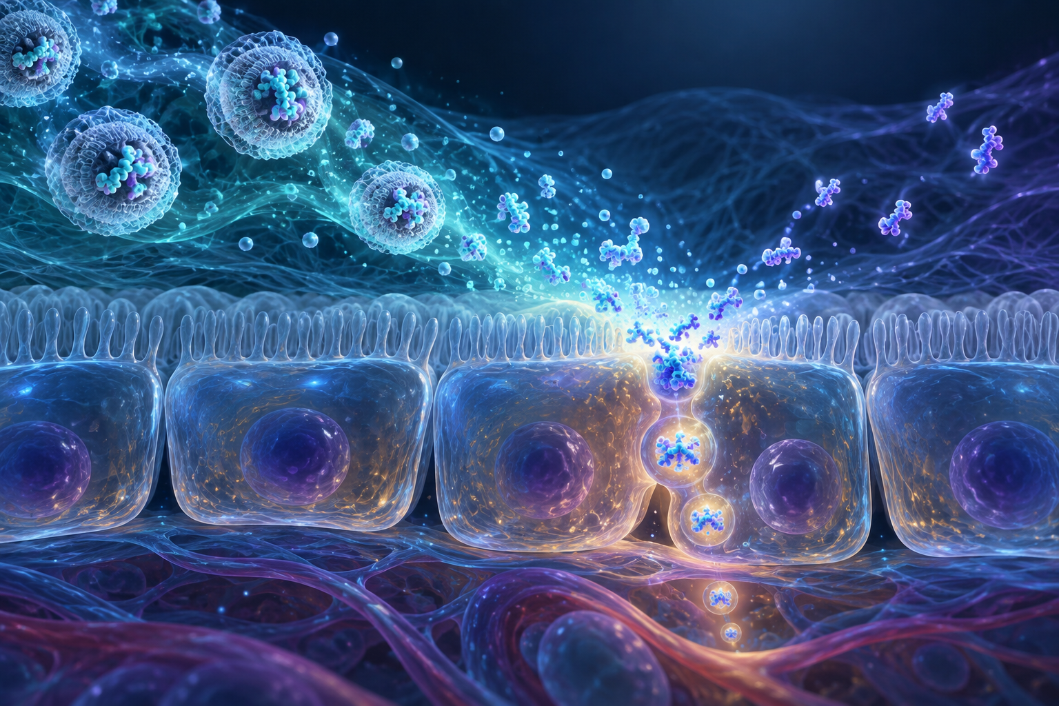 Conceptual epithelial layer showing protected drug availability and transport