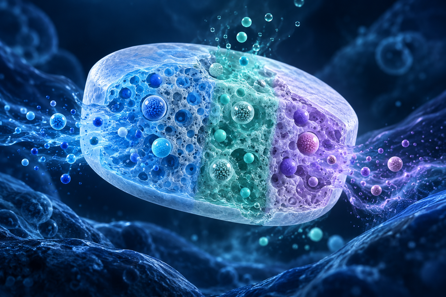 Cutaway of an adaptive tablet matrix containing drug-loaded particles