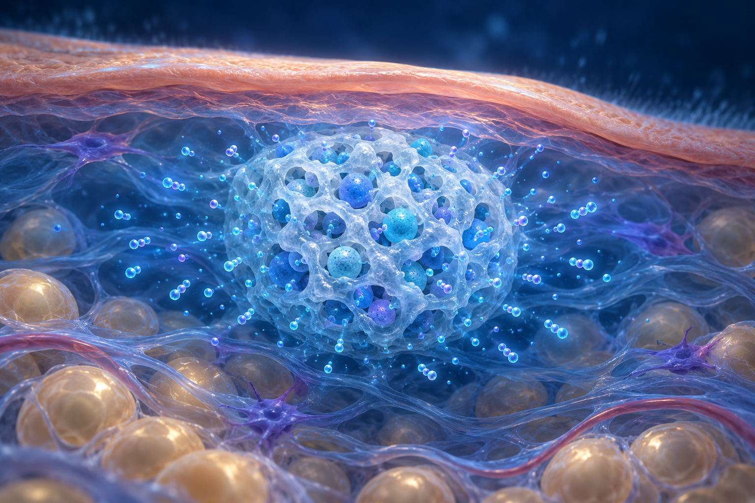 Conceptual porous depot containing microspheres beneath the skin